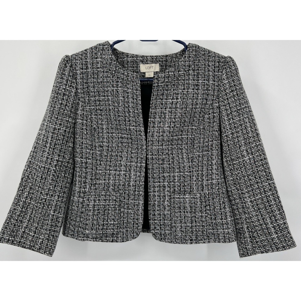 Ann Taylor Loft Black White Rainbow Tweed Hook Eye Closure Blazer Jacket XS